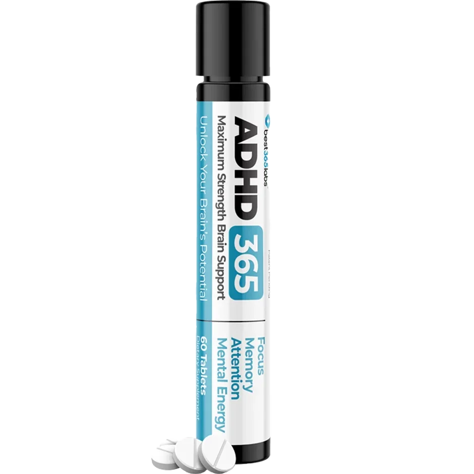 ADHD 365 supplement tube standing on a lotus flower, representing cognitive enhancement through L-Theanine, caffeine, and methylene blue at Gallant Lion Medical