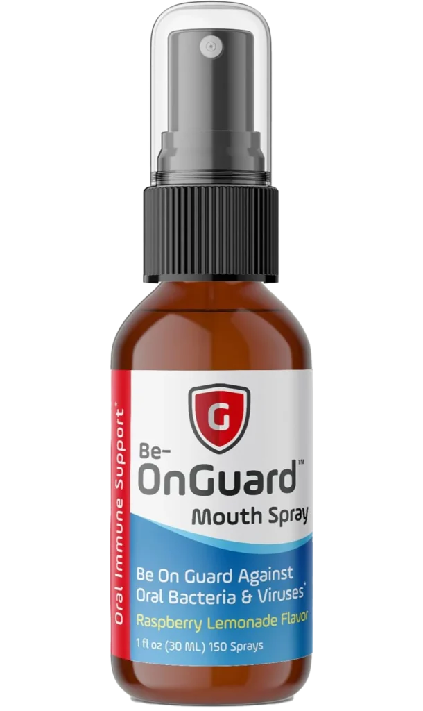 Be-OnGuard Mouth Spray bottle placed on a lotus flower, representing daily immune system support and oral defense against bacteria and viruses at Gallant Lion Medical