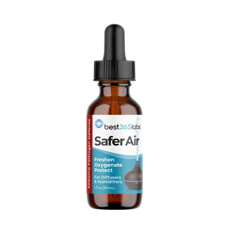 EZ Safer Air dropper bottle displayed on a lotus flower, representing non-toxic, allergen-free air purification using oxygenated water at Gallant Lion Medical