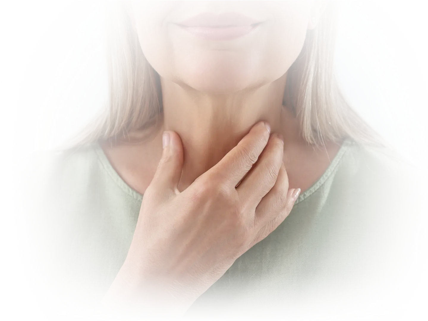 Close-up of a woman gently touching her neck, symbolizing hormone imbalance and personalized hormone therapy for energy, mood, and strength at Gallant Lion Medical in Bellingham