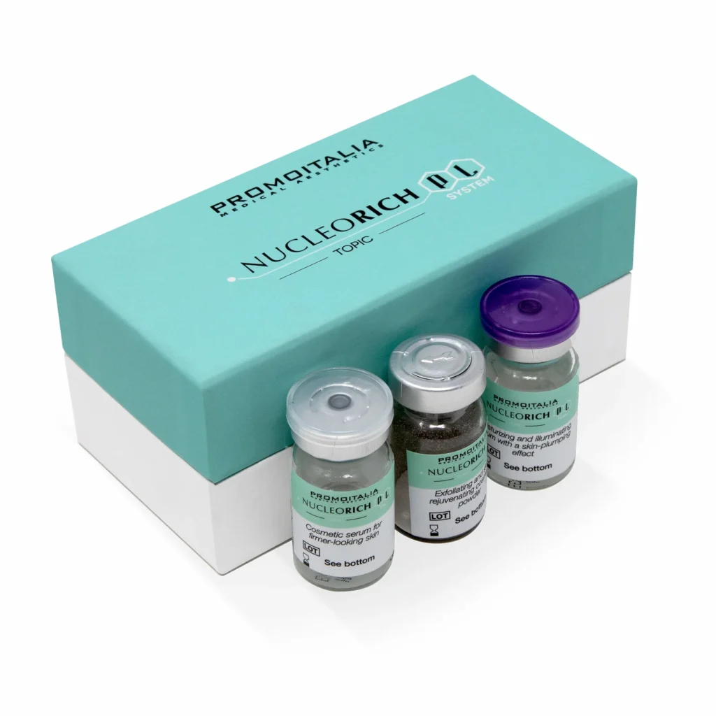 Promoitalia Nucleorich PL box with anti-aging serum vials, representing advanced facial rejuvenation treatment for lifting and skin repair at Gallant Lion Medical