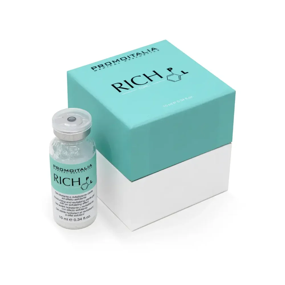 Promoitalia Rich PL vial and product box, representing regenerative skin treatment that reduces wrinkles and stimulates new cell growth at Gallant Lion Medical