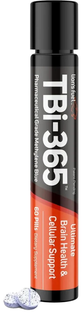 TBi-365 supplement tube from Lion’s Fuel displayed on a lotus flower, representing brain protection, cognitive performance, and cellular health support at Gallant Lion Medical
