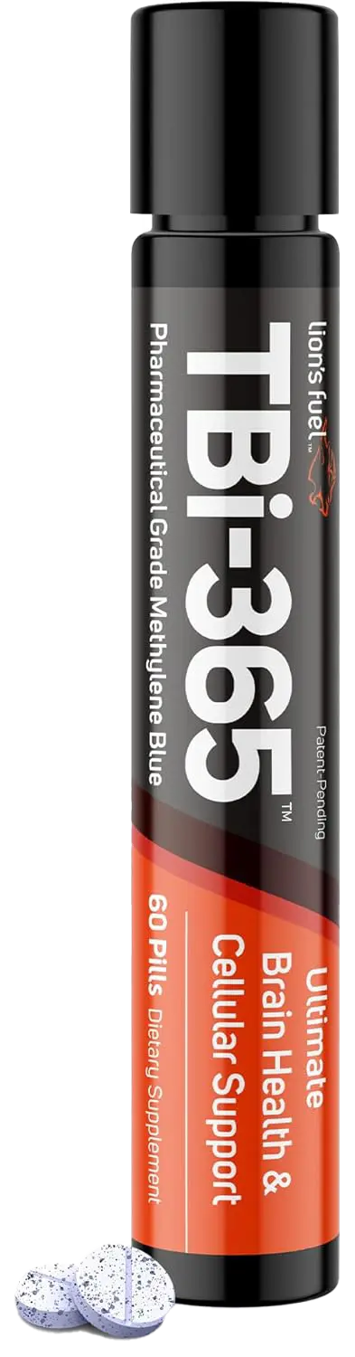 TBi-365 supplement tube from Lion’s Fuel displayed on a lotus flower, representing brain protection, cognitive performance, and cellular health support at Gallant Lion Medical